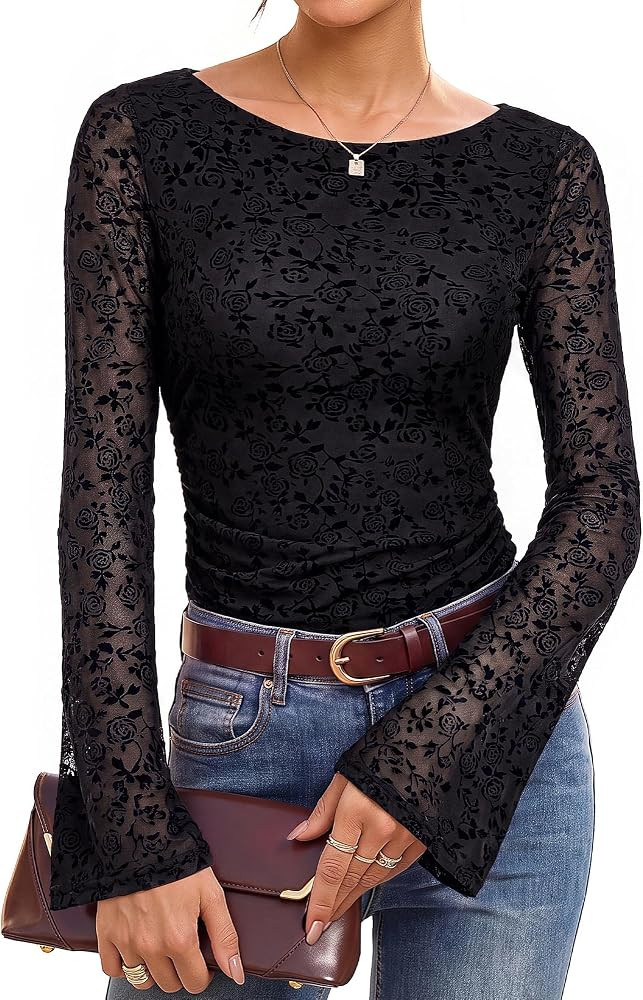 Kate Kasin Womens Mesh Bell Sleeve Shirts, Boat Neck Going Out Tops | Amazon (US)