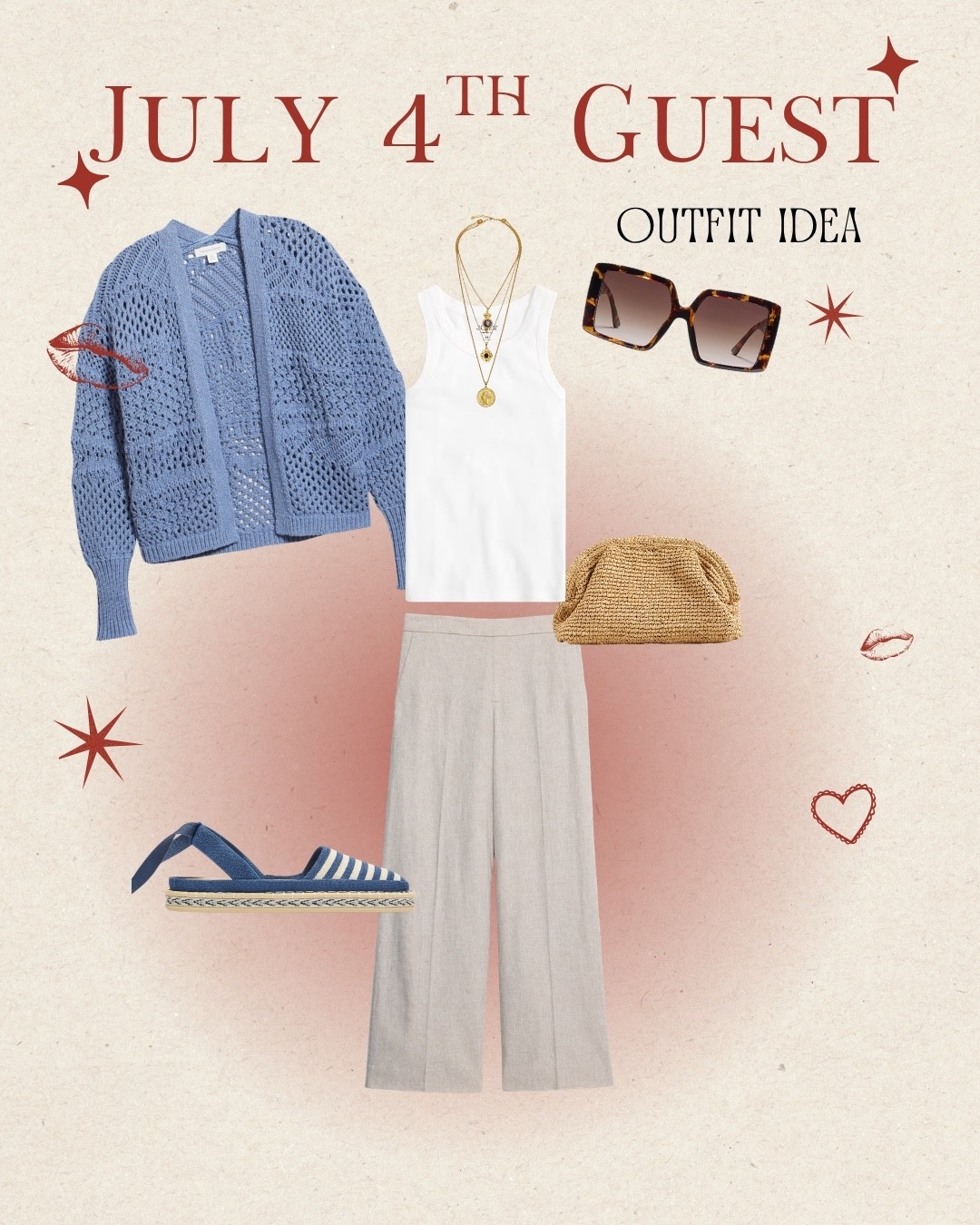Fourth of July guest outfit idea with wide-leg linen pants, a white tank, blue knit cardigan, striped espadrilles, layered gold necklaces, oversized sunglasses, and a woven clutch. Comfy, coastal, polished, and perfect for BBQs, parties, and fireworks.

#LTKSeasonal #LTKootd #LTKOver40