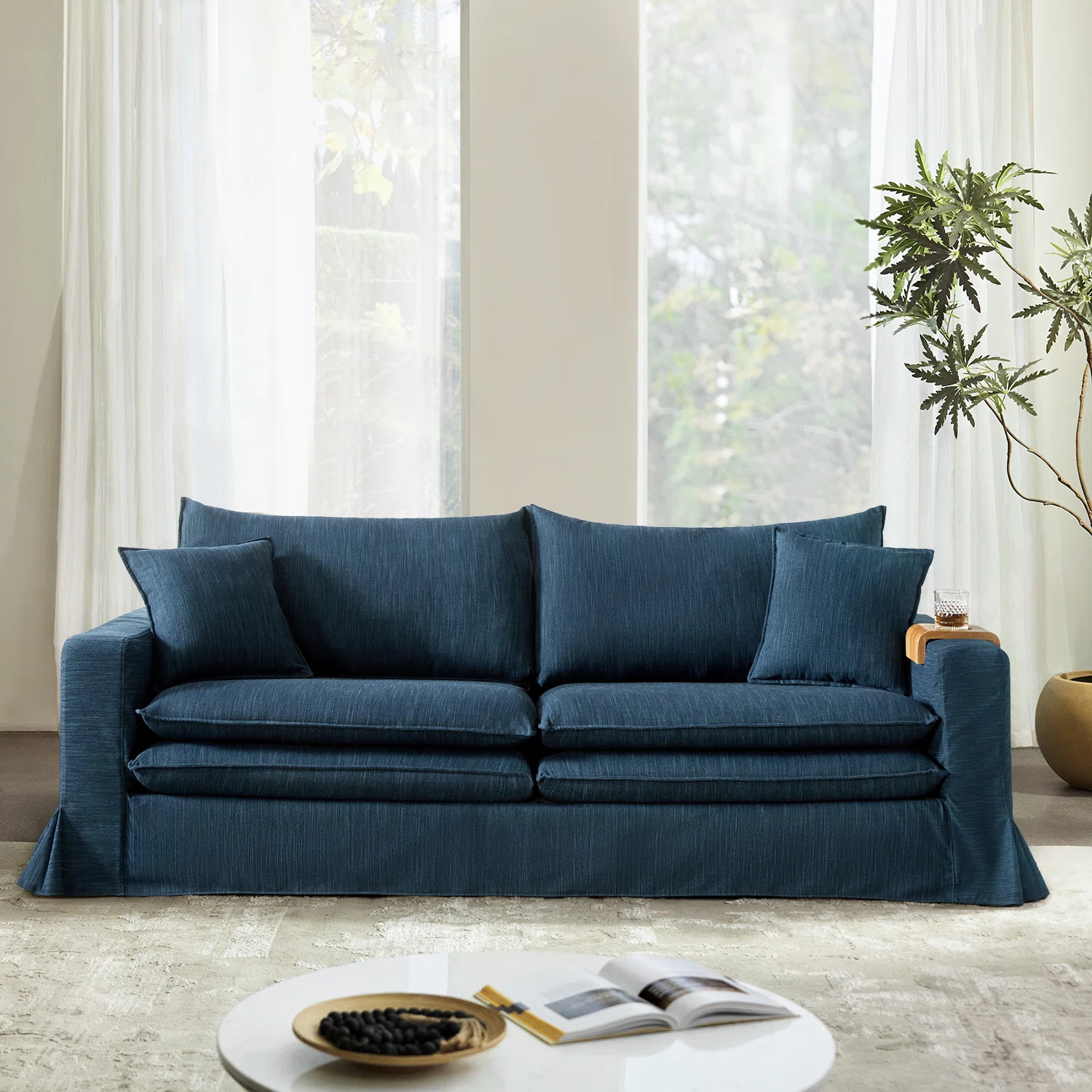Broderik 87" Upholstered Slipcovered Sofa With Solid Wood Cup Holder | Wayfair North America