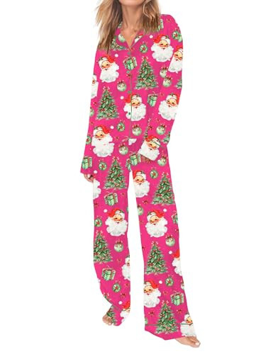 SHESHOW Silky Christmas Pajamas for Women Button Down 2 Piece Cute Santa Christmas Pajamas Womens L | Amazon (US)