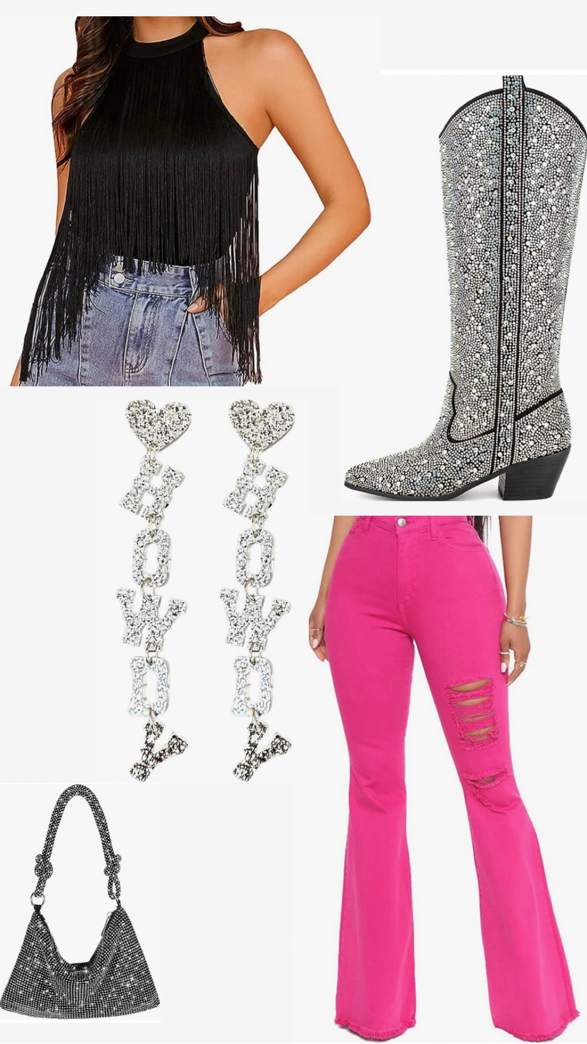 Just a little more Nashville outfit inspiration!! Between the hot pink bell bottoms, howdy sparkle earrings & fringe bodysuit, you can’t go wrong!! Not to mention the black glitter boots & matching purse! I’m in love!!! 

#LTKstyletip #LTKfindsunder100 #LTKfindsunder50