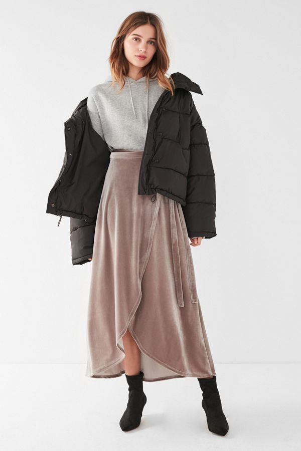 UO Velvet Wrap Tulip Maxi Skirt | Urban Outfitters US