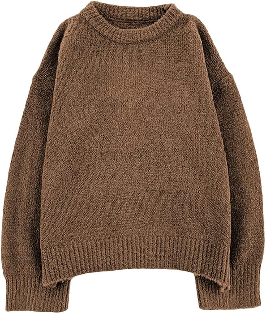 Women's Long Sleeve Crew Neck Loose Mohair Sweater Fuzzy Cozy Oversized Knitted Pullover | Amazon (US)