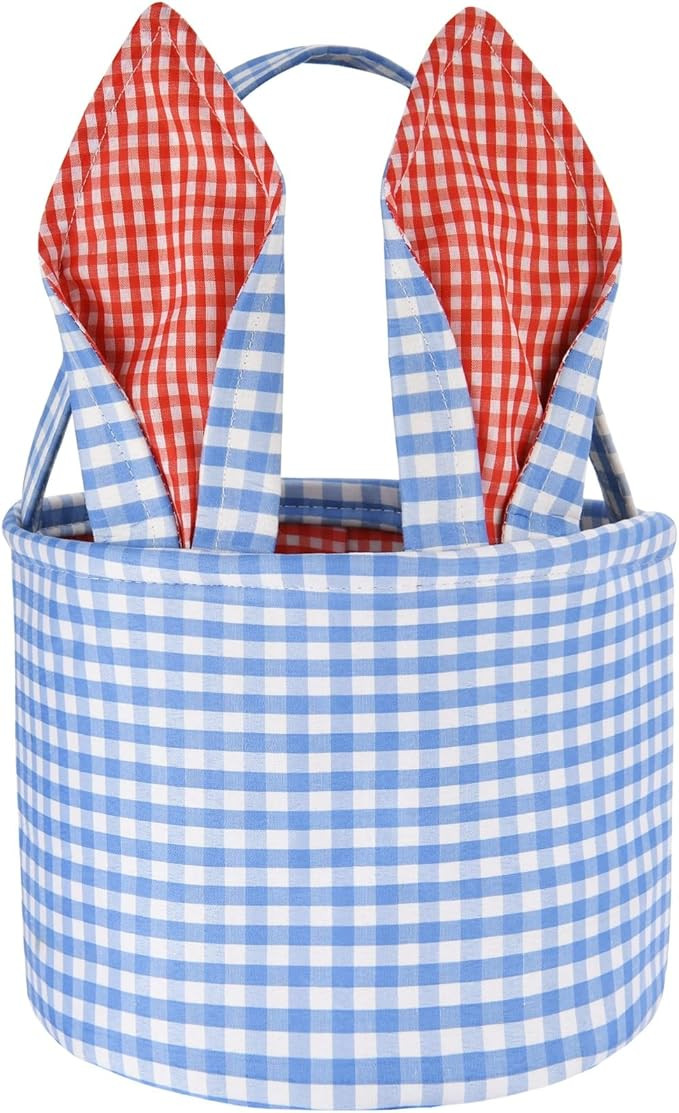 Easter Bunny Basket Plaid Gingham Easter Buckets with Border Pleat,Cute Easter Basket Tote Easter... | Amazon (US)
