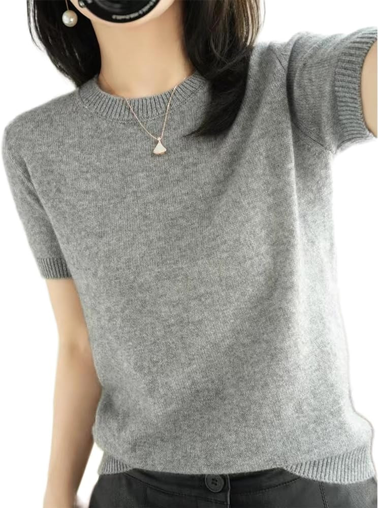 2025 Summer Fall Women's Short Sleeve Sweaters Crew Neck Solid Color Pullover Sweater Lightweight... | Amazon (US)