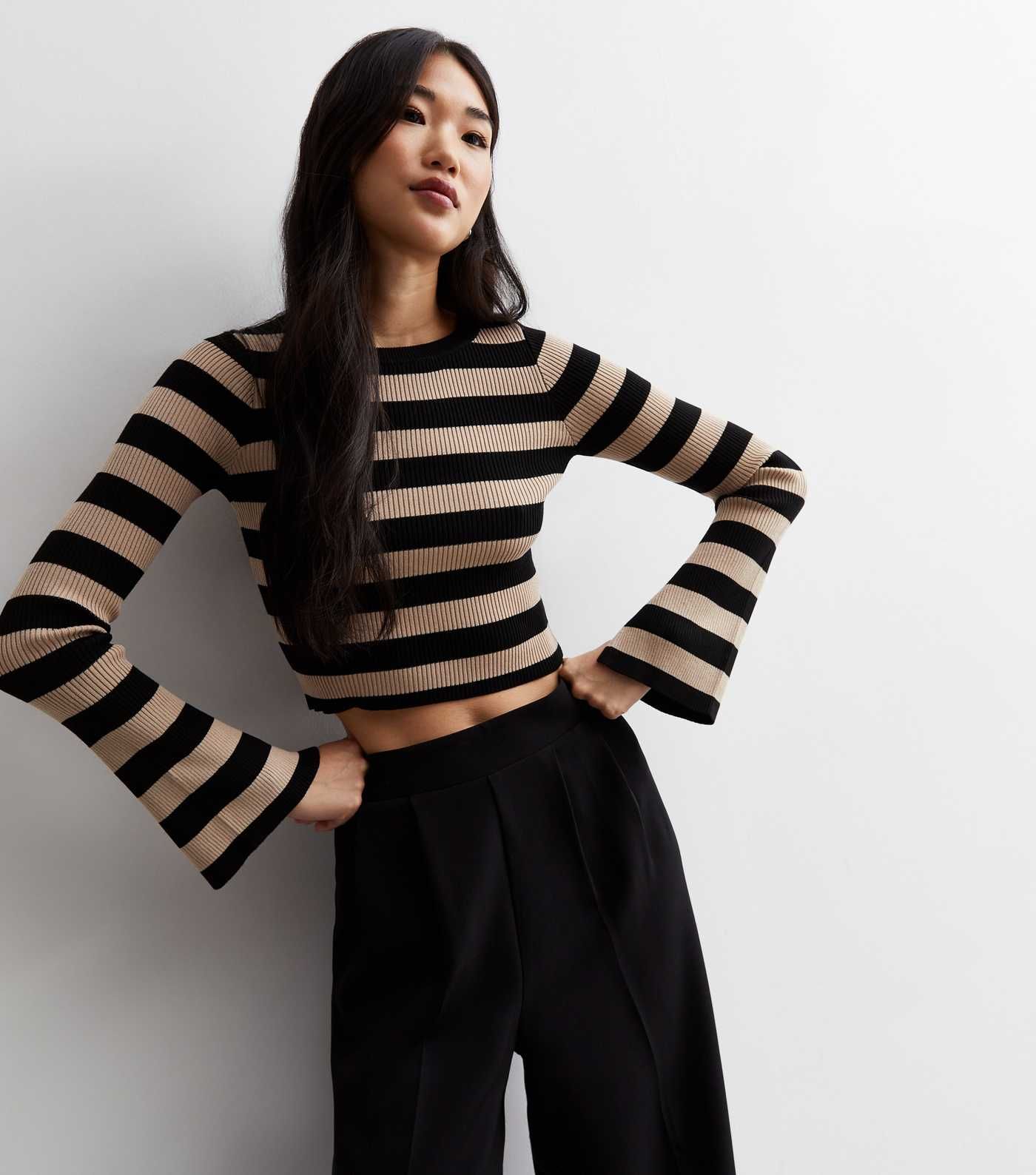 Black Stripe Ribbed Knit Flared Sleeve Crop Jumper
						
						Add to Saved Items
						Remove f... | New Look (UK)