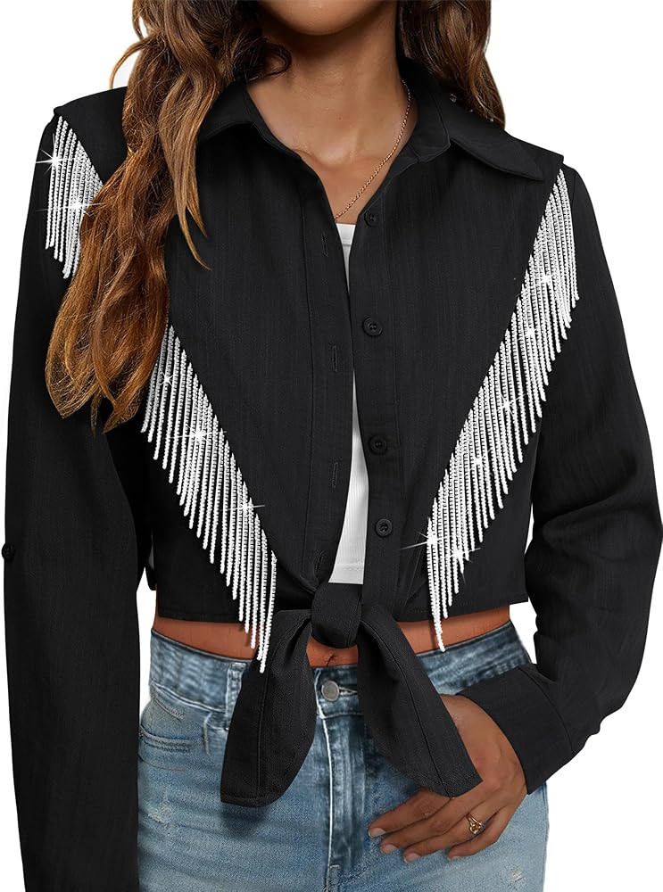 MYMORE Womens Sparkly Fringe Cropped Button Down Shirt Rolled 3/4 Sleeve Tie Front Top Western Co... | Amazon (US)