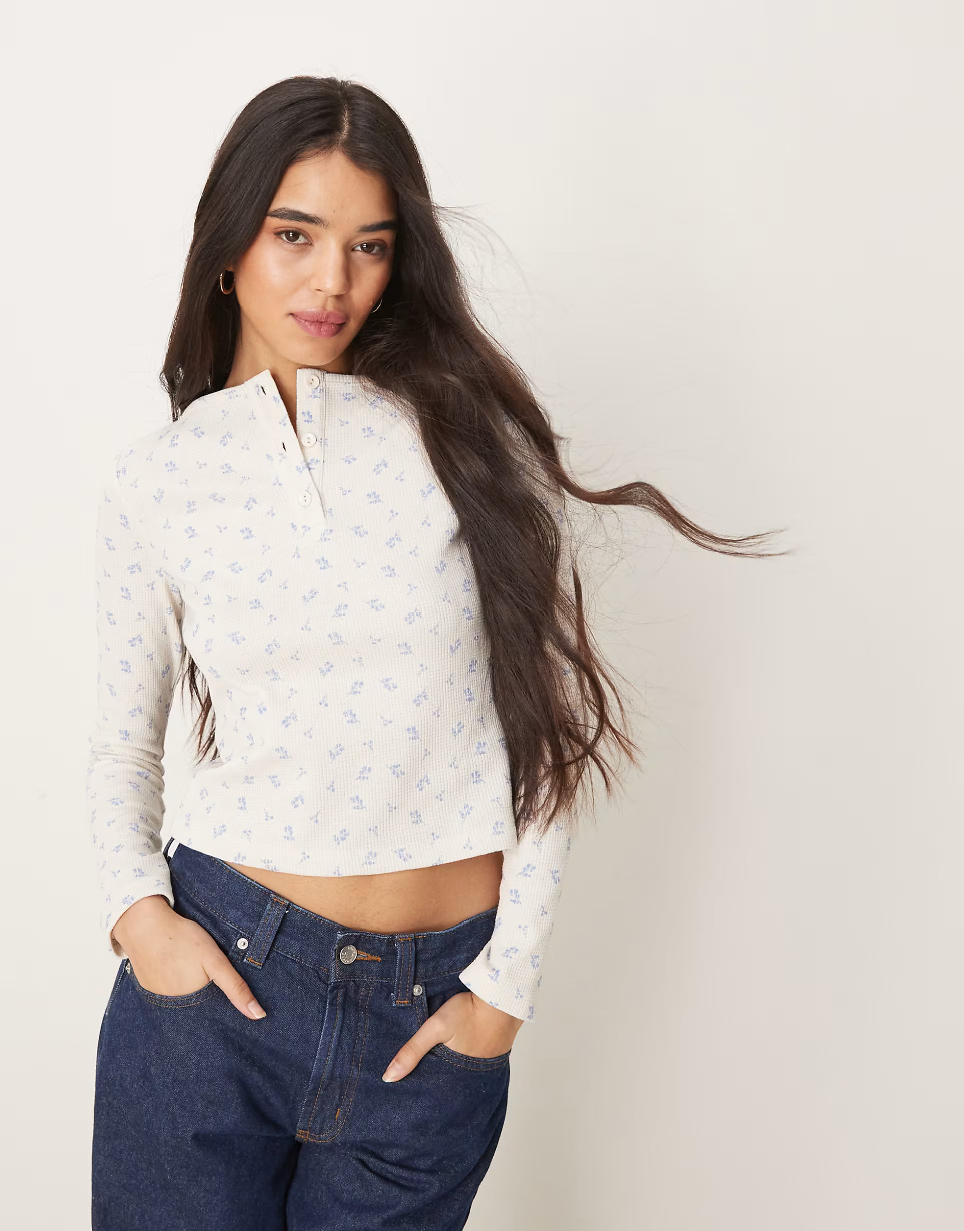 ASOS DESIGN printed ditsy waffle henley in cream | ASOS (Global)