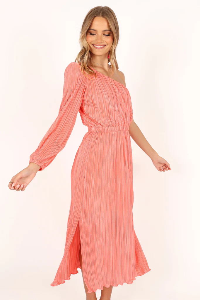 Pontee One Shoulder Pleated Midi Dress - Coral | Petal & Pup (US)