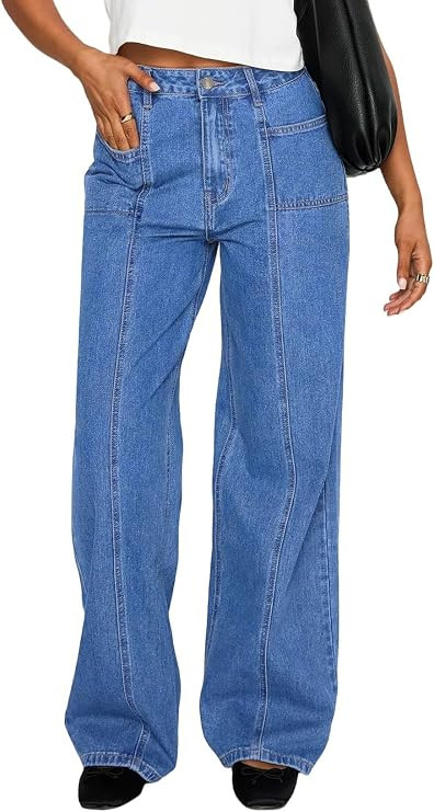 Sidefeel Women's High Waisted Jeans Stretchy Seamed Wide Leg Denim Pants with Pockets | Amazon (US)