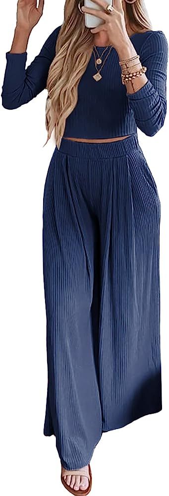 BTFBM Women's Two Piece Lounge Set Long Sleeve Bodycon Ribbed Knit Crop Top Loose Wide Leg Pant Casu | Amazon (US)