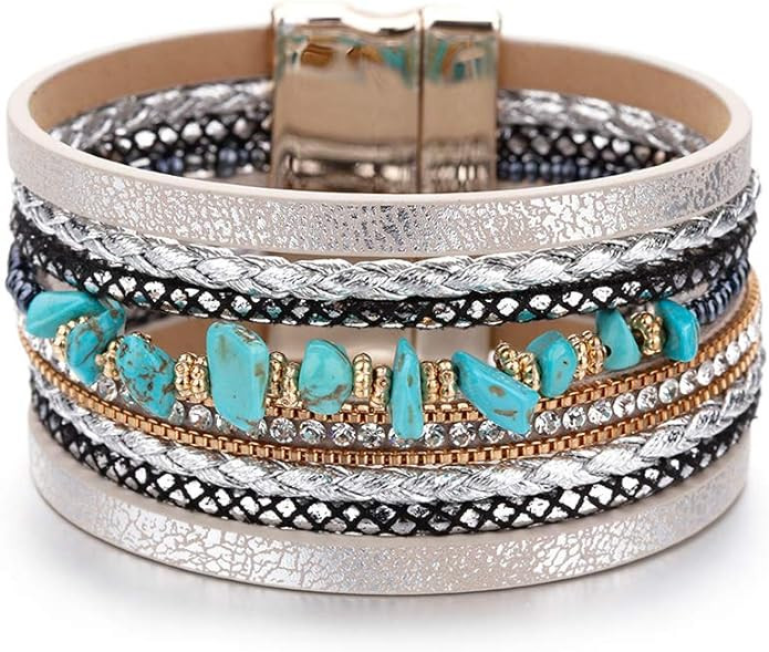 Fesciory Leather Wrap Bracelets for Women, Boho Leopard Multi-Layer Crystal Beads Cuff Bracelet J... | Amazon (US)