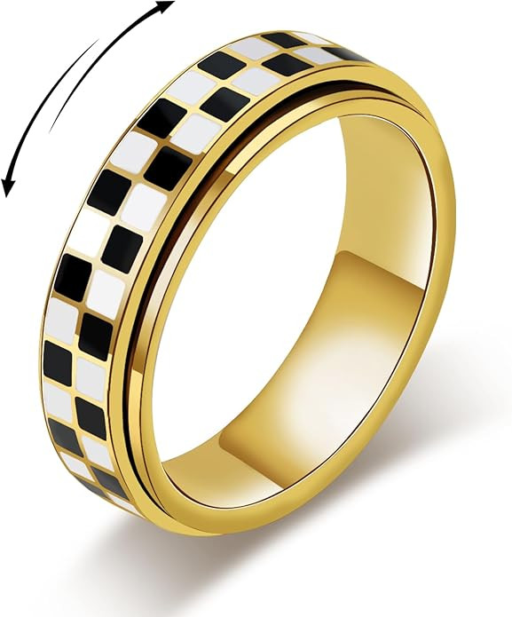 AmorArtSky Checkered Fidget Ring for Adults - 18K Gold Plated Stainless Steel Rotating Spinner Je... | Amazon (US)