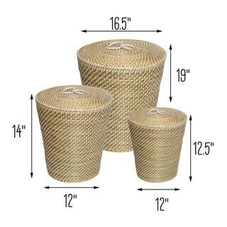 Honey-Can-Do Natural and White Seagrass Accent Tall Basket Set with Lids (Set of 3)-STO-08750 - T... | The Home Depot