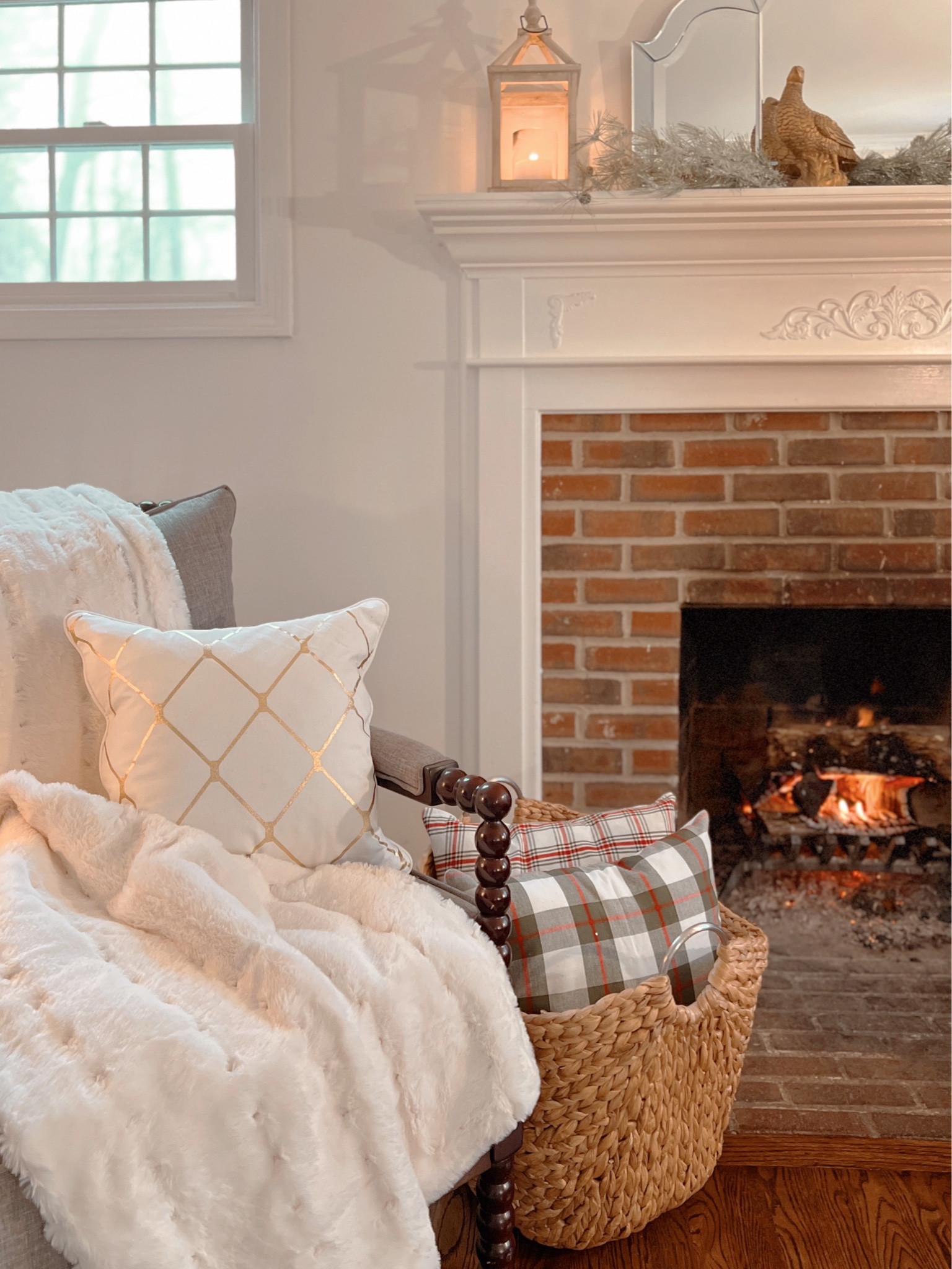 Cozy fireplace decor. Wayfair. Throw blankets. Throw pillows. Rattan baskets. Plaid Pillow Covers.  Faux fur. Fireplace lantern. 

#LTKhome #LTKHoliday #LTKSeasonal