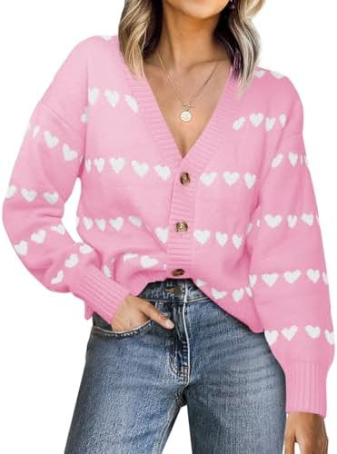 Saodimallsu Womens Heart Cardigan Sweaters Valentines V Neck Button Down Long Sleeve Knit Striped... | Amazon (US)