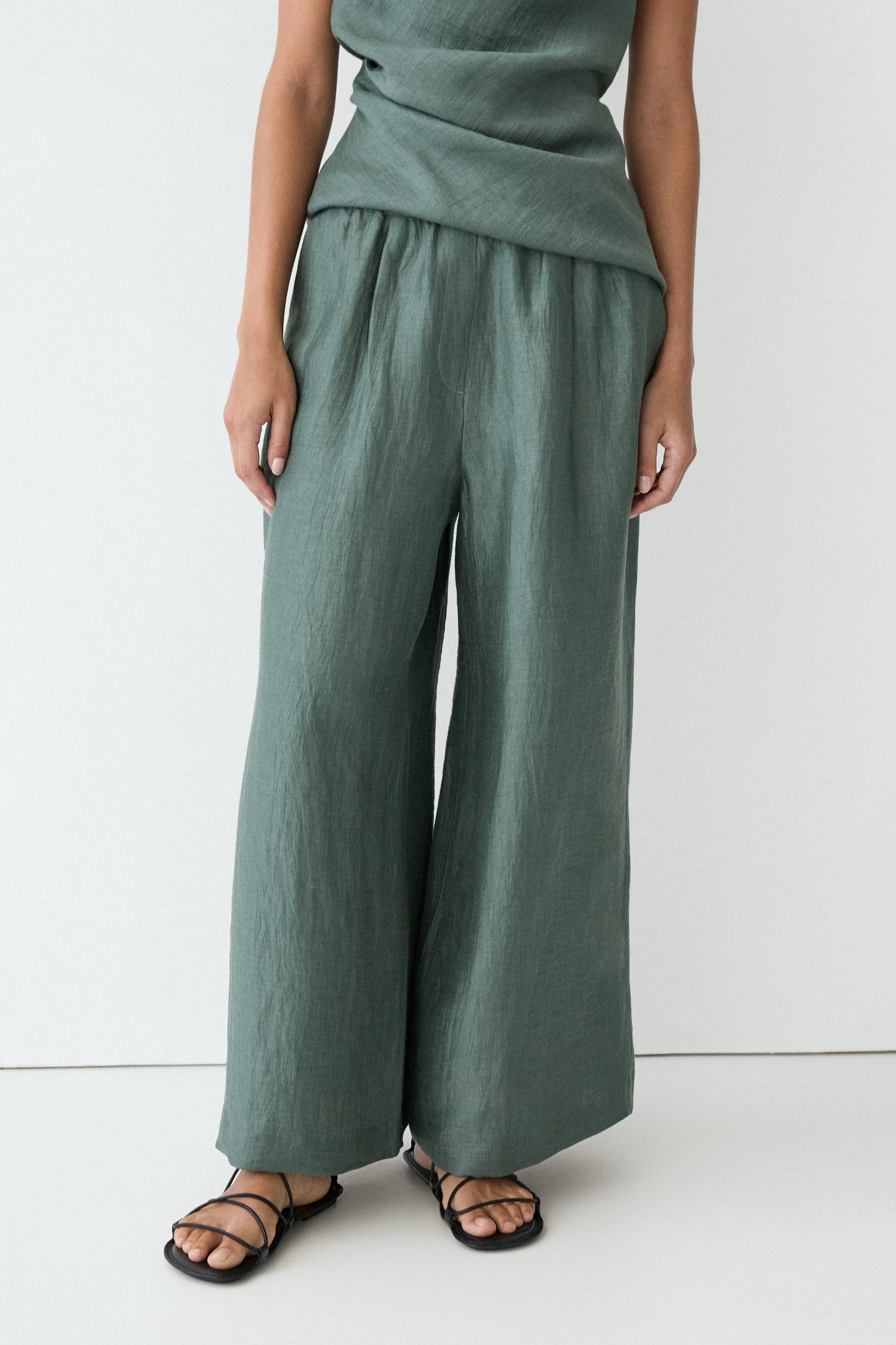 Flowing wide-leg linen blend trousers · Bluish Green · Trousers | Massimo Dutti | Massimo Dutti US