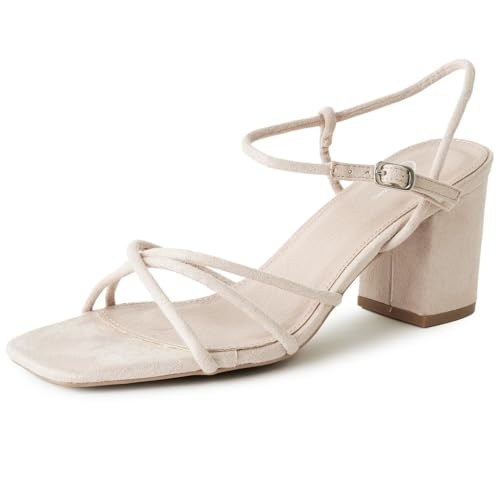 J. Adams Camila Heeled Sandals - Strappy Square Toe Ankle Strap Block Heels - Nude Vegan Suede - 7 | Amazon (US)