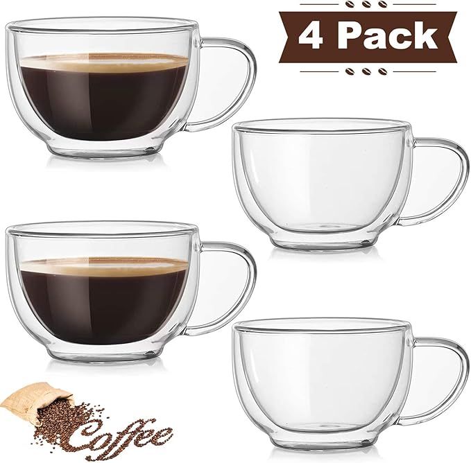 DeeCoo Double Wall Cappuccino Glass Mugs 9.5oz, Clear Coffee Mug Set of 4 Espresso Mug Cups,Doubl... | Amazon (US)
