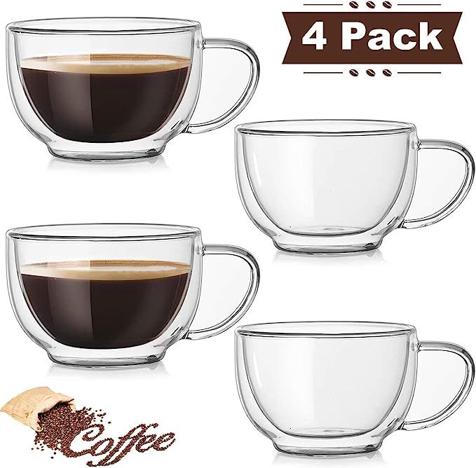 DeeCoo Double Wall Cappuccino Glass Mugs 9.5oz, Clear Coffee Mug Set of 4 Espresso Mug Cups,Doubl... | Amazon (US)