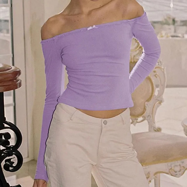 Weaveal - Long-Sleeve Off Shoulder Plain Bow Top | YesStyle Global