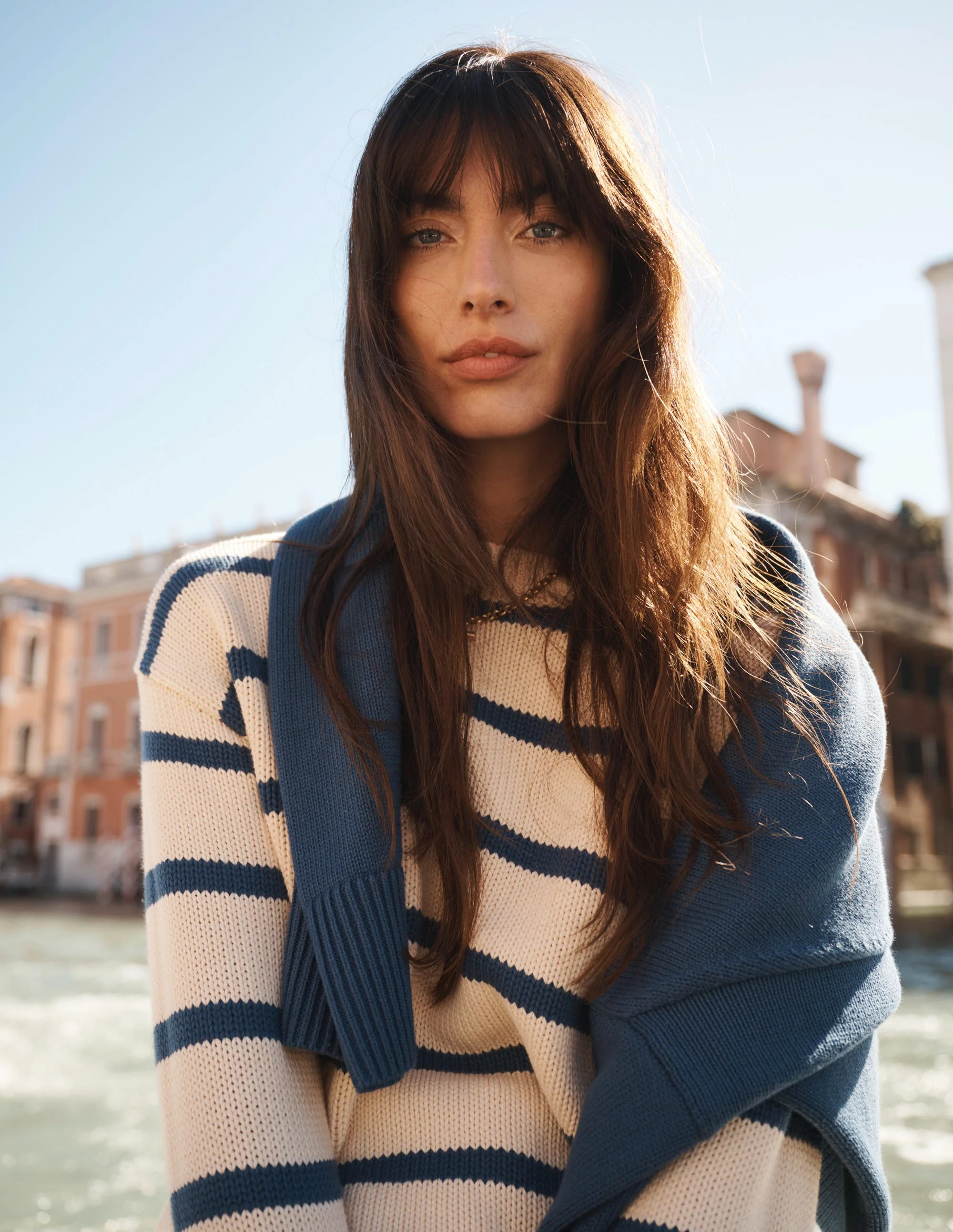 Lucy Oversized Cotton Jumper-Almond Milk/ Denim Blue Stripe | Boden (US)