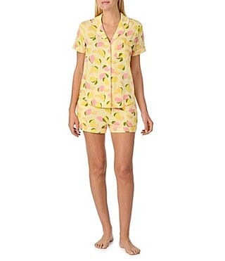 kate spade new york Short Sleeve Notch Collar Jersey Knit Lemon Print Shorty Pajama Set - S | Dillard's
