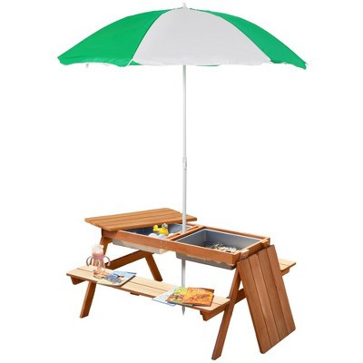 Outsunny Kids Sand & Water Activity Table, Picnic Table Set Wooden Bench with Sandbox Removable & Height Adjustable Umbrella for Outdoor Garden Patio | Target