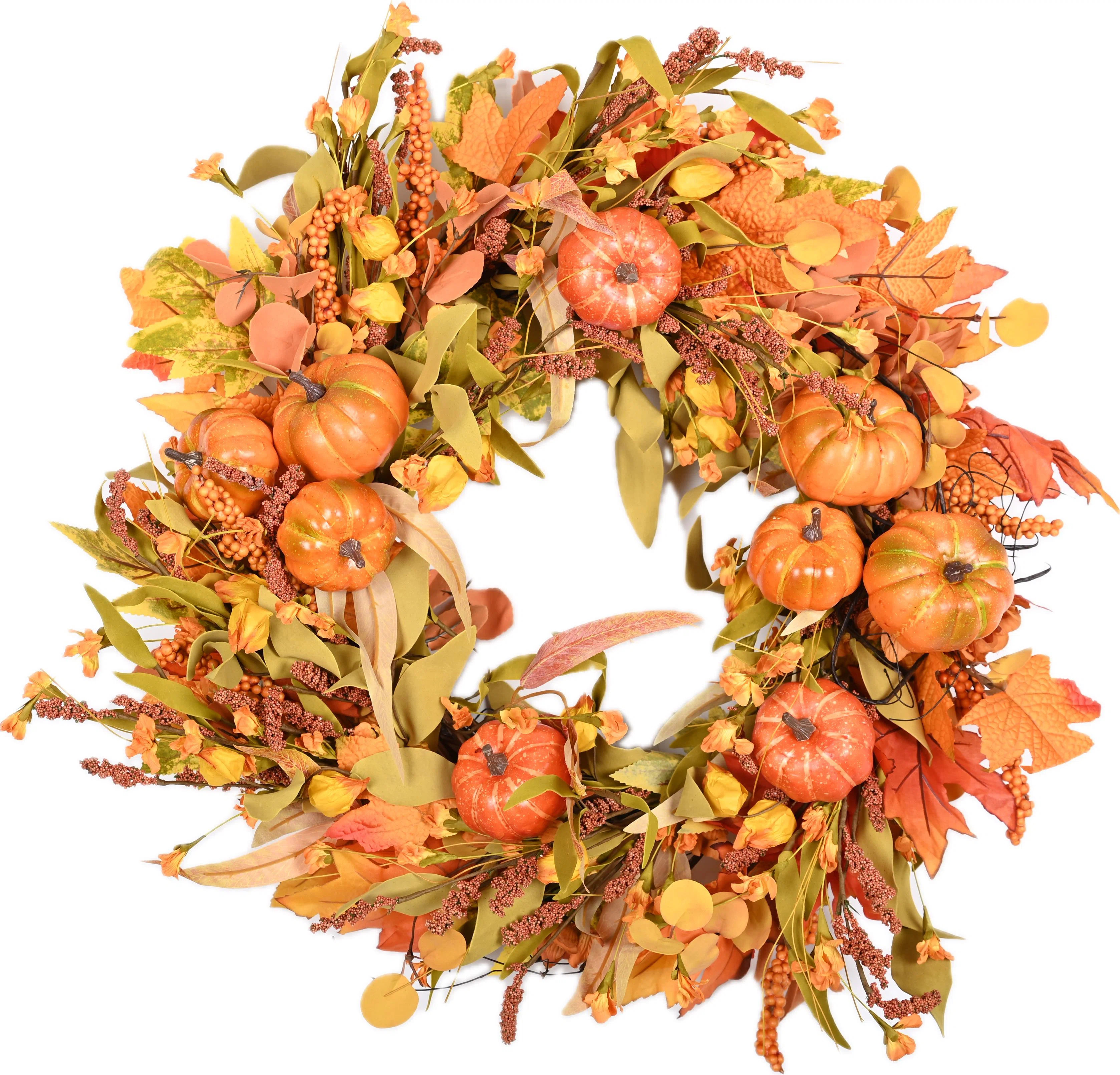 26" Large Fall Autumn Thanksgiving Pumpkin Maple Front Door Wreath | Wayfair North America