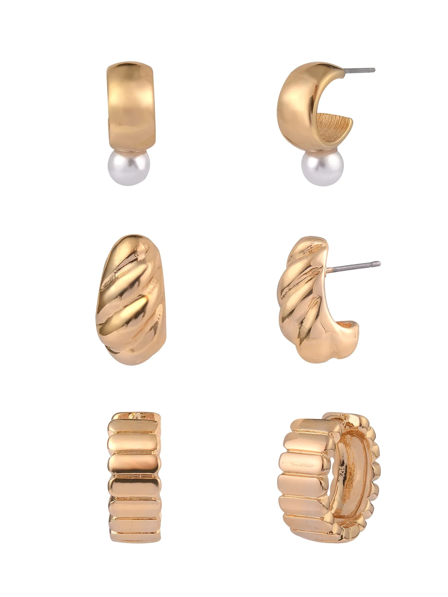 Time and Tru Women’s Gold-Tone Textured Metal and Acrylic Pearl Multi Earring Set, 3-Piece | Walmart (US)