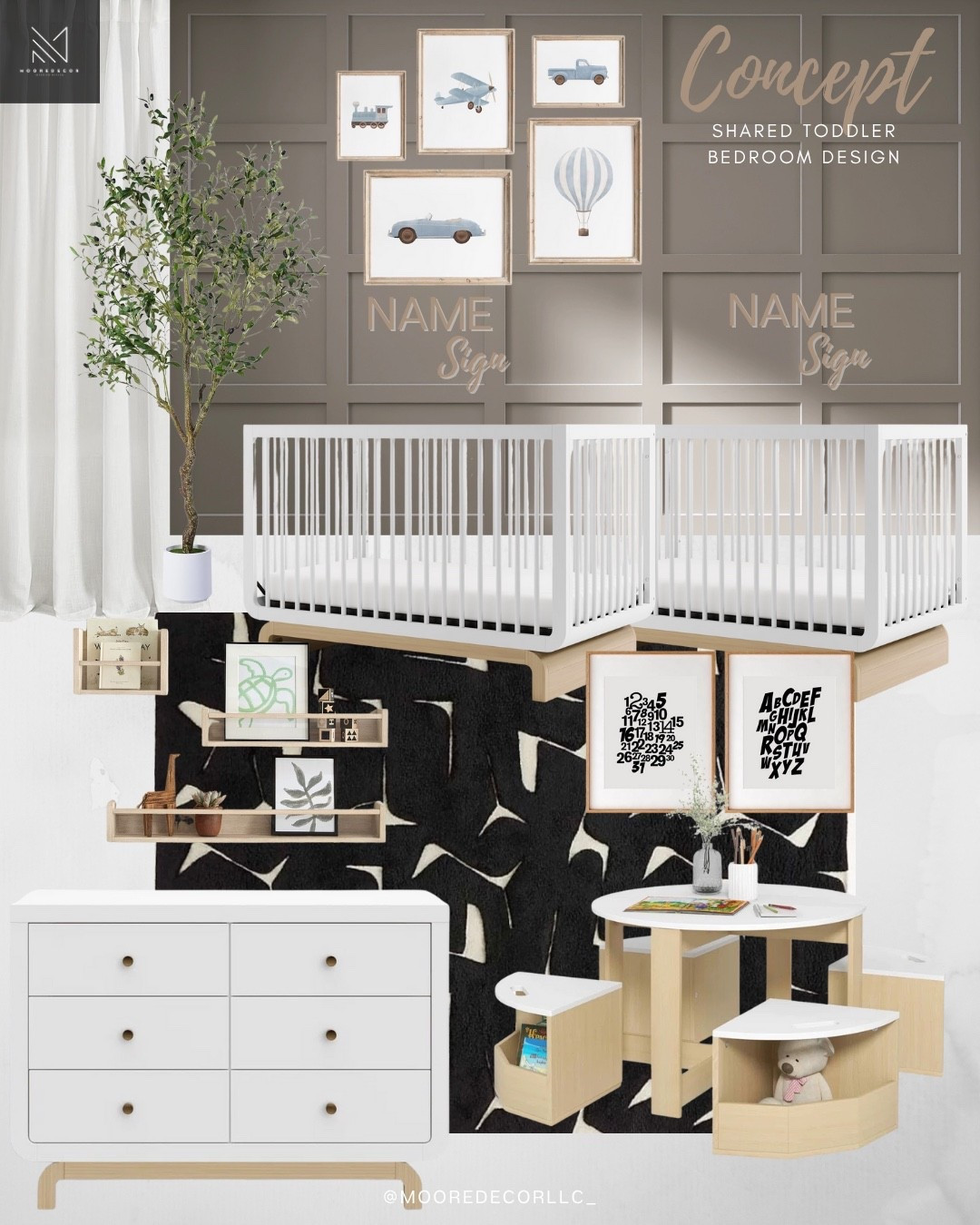 Created this sweet and functional shared toddler bedroom with a calming neutral palette and playful touches. The soft taupe accent wall, personalized name signs, and vintage style transportation prints bring charm without overwhelming the space. I added modern cribs, a cozy reading nook, and Scandinavian inspired kids furniture for a clean, stylish look that works beautifully for two. This is perfect for parents designing a gender-neutral nursery or toddler room for siblings.

Paint Color is Fawn Brindle by SW (Sherwin Williams)

#LTKStyleTip #LTKHome #LTKKids