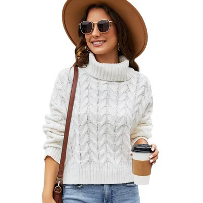 Women's Turtleneck Sweater Long Sleeve Warm Soft Casual Knitted Sweater Fall Winter Pullover Sweater White XL | Target