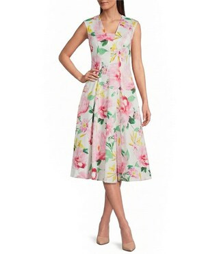 Floral Sateen V-Neck Sleeveless Dress | Dillard's