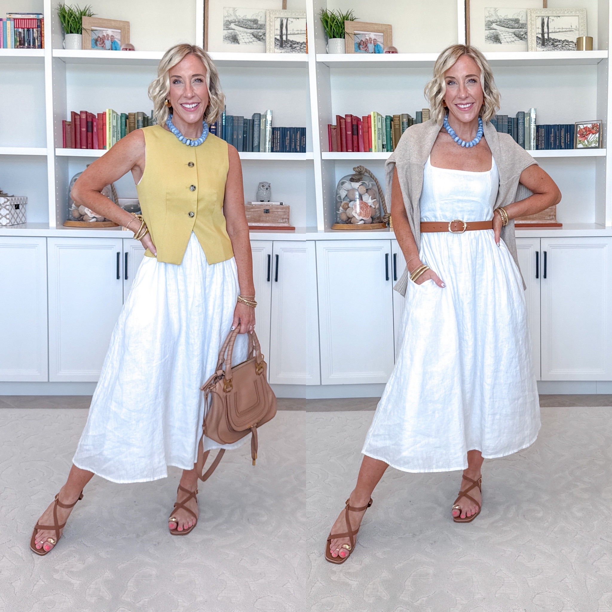 One White Dress - 6-ish ways to wear it: * 100% European Linen Fit & Flare Midi Dress - size XS. 11 colors. Vest - size XS. 4 colors. 3. Belt - 26” - 30” waist. Cardigan (over shoulders) - 100% Organic Cotton Cropped Cardigan - size Small. Color: Cement Marl. 9 colors.

#LTKSeasonal #LTKOver40 #LTKTravel