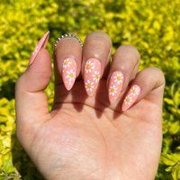 Daisy Flower Peach Press On Nails | Hand Painted Luxury Custom Made Diy Glue On Reusable Fast Shippi | Etsy (US)