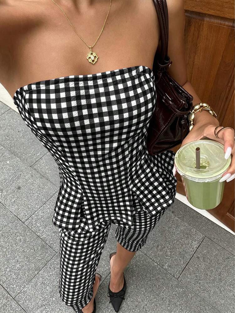 Siren Gaze Women's Plaid Waist-Cinching Slimming Asymmetrical Hem Tube Top And Fitted 7/8 Pants 2... | SHEIN