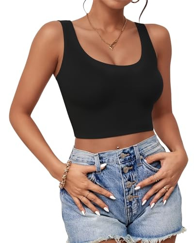 1Pcs Crop Tops for Women, U Neck Sleeveless Tank Tops, Basic Cropped Racerback Going Out Tops Athletic Sports Shirts, 2XL, Black | Amazon (US)