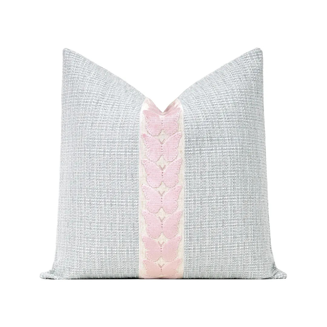 Signature Tweed Throw Pillow Cover in Spa Blue with Centered Small Ballet Pink Butterfly Trim | D... | Etsy (Global)