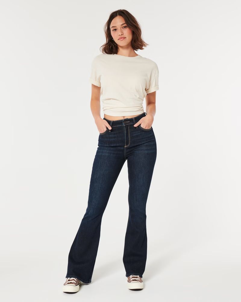Curvy High-Rise Dark Wash Flare Jeans | Hollister (US)