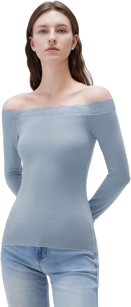 SUUKSESS Cloud Cashmere Women Lace Off Shoulder Long Sleeve Shirt Basic Knit Top | Amazon (US)