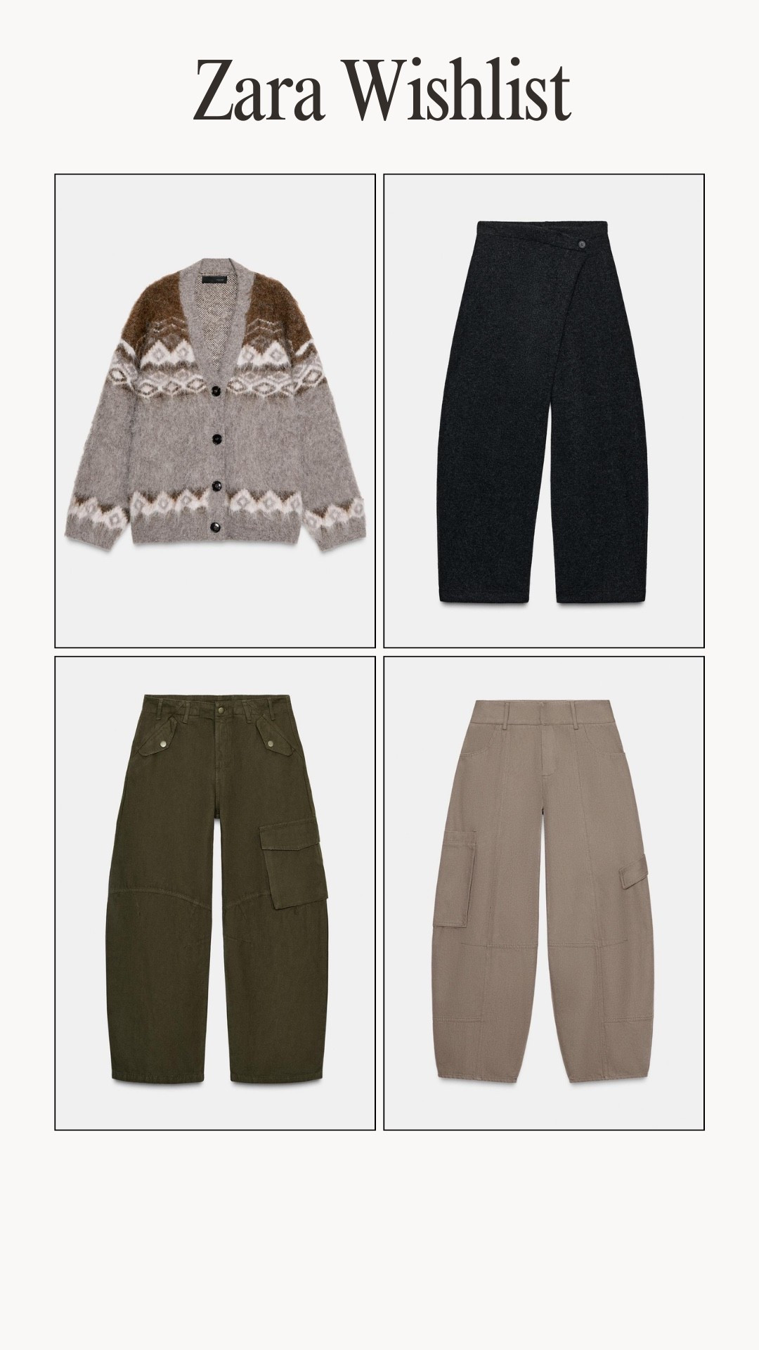 Mini Zara haul.
Crossover Barrel Pant - Size S
Sweater - Size S
Taupe Barrel Cargo Pant - Size XS
Khaki Barrel Cargo Pant - Size 25 (US 0)

#LTKFindsUnder100 #LTKFindsUnder50 #LTKootd