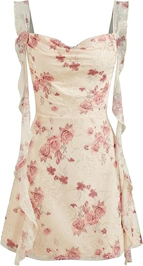 CIDER Women's Mini Cocktail Dress Floral Ruffle Mesh Sun Dress Wedding Guest Dresses Cute Summer ... | Amazon (US)