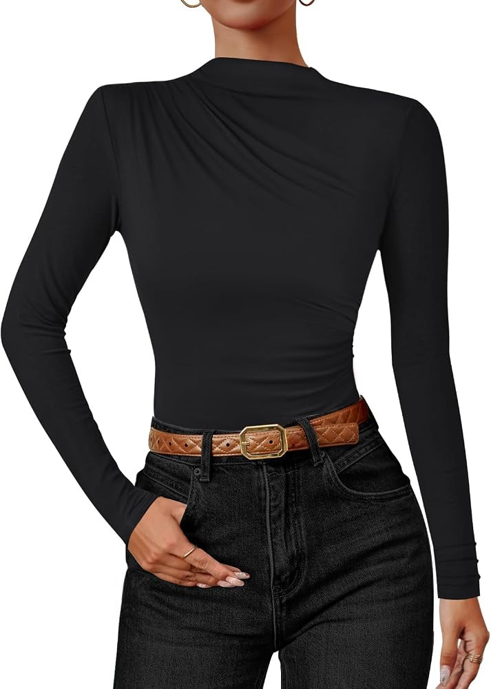 ZESICA Women's Long Sleeve Tops Mock Neck Ruched Tight Shirts Spring Trendy Outfits | Amazon (US)