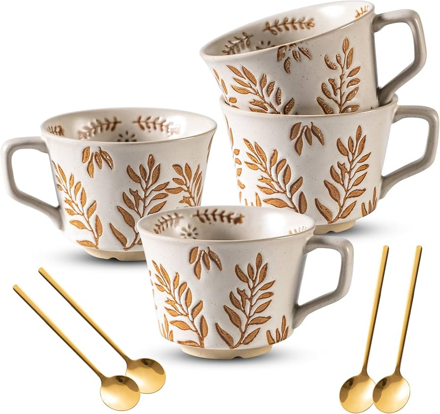 Coffee Mugs Set of 4 with Gold Spoon, 11 oz Ancient Style Hand-painted Ceramic Mug Gifts for Men ... | Amazon (US)