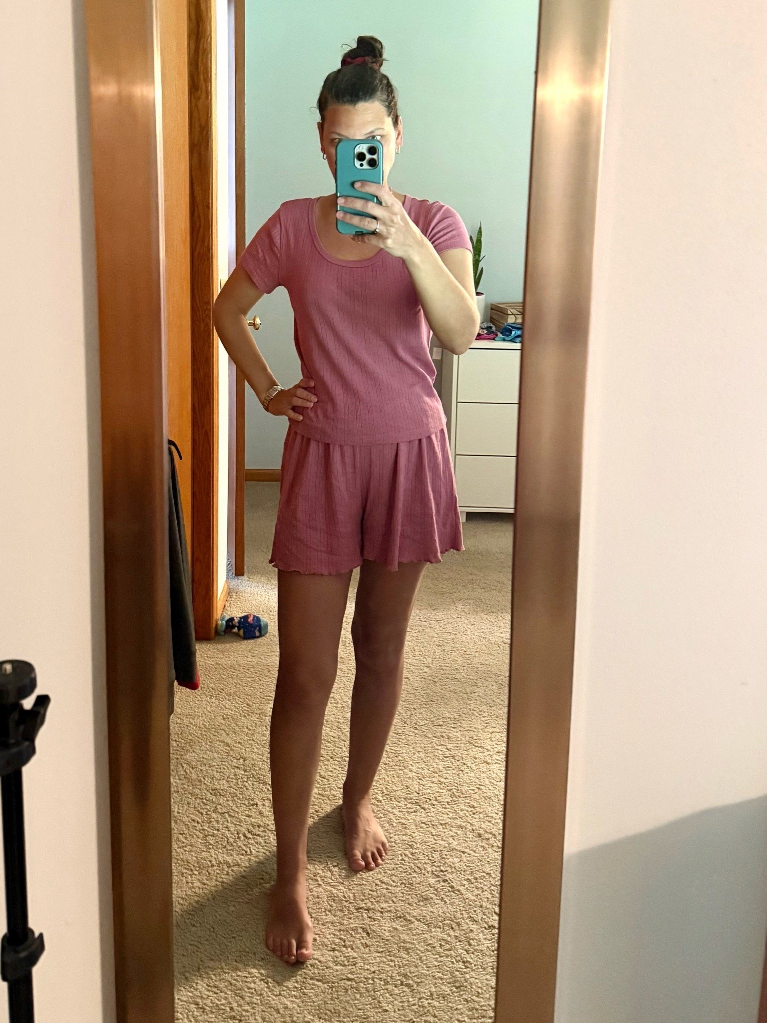 New pajama set arrived while on  vacation. First night sleeping in it, it’s perfection. So comfortable, breezy, yet the shorts stay put when sleeping. 

They also have long sleeve & pants options! 

The pink color is so cute! 

Sizing: true to size, wearing S in both

#LTKmomlife #LTKSeasonal