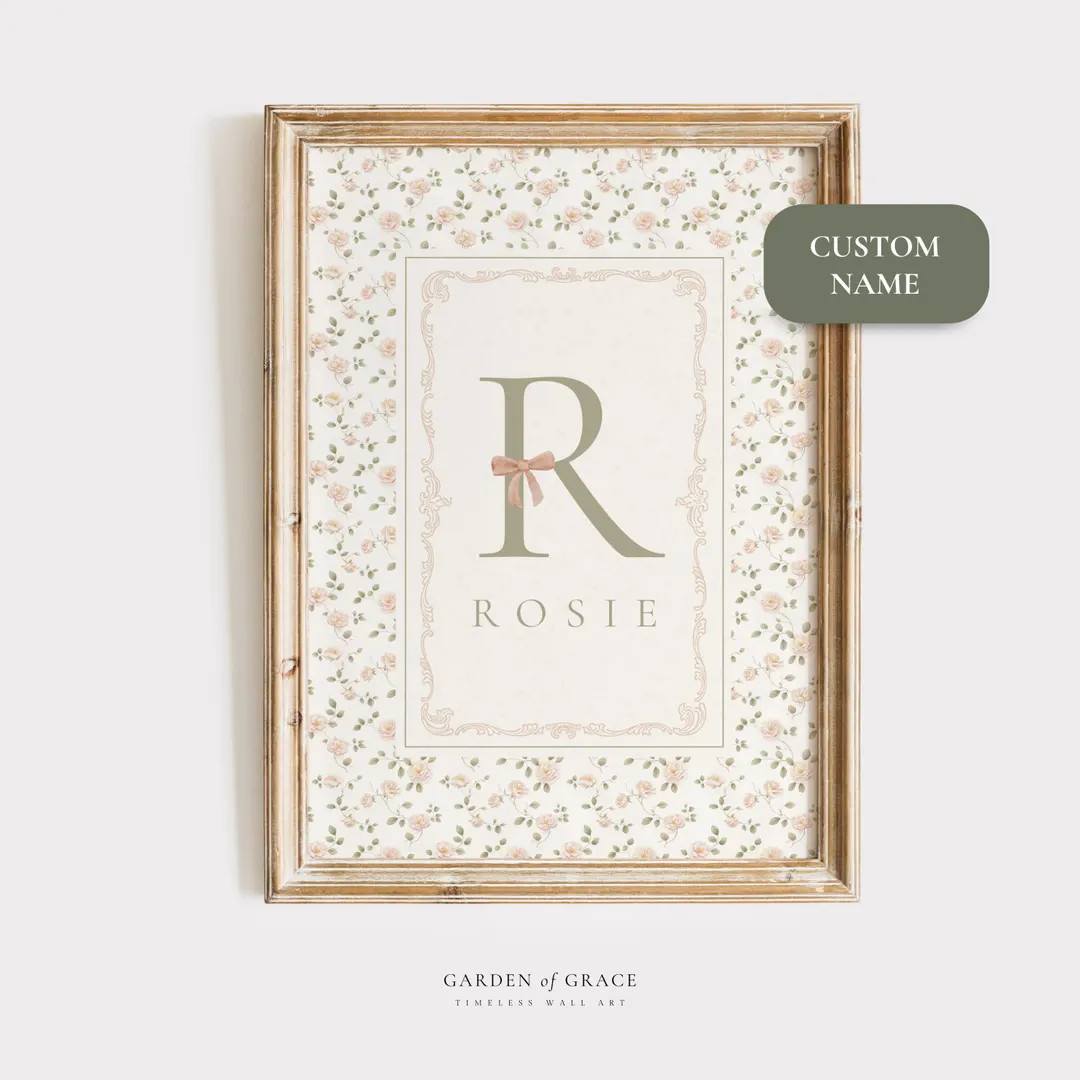 Custom Name Wall Art Print for Nursery, Sage Green and Pink Baby Initial, Personalized Gift, Vint... | Etsy (US)