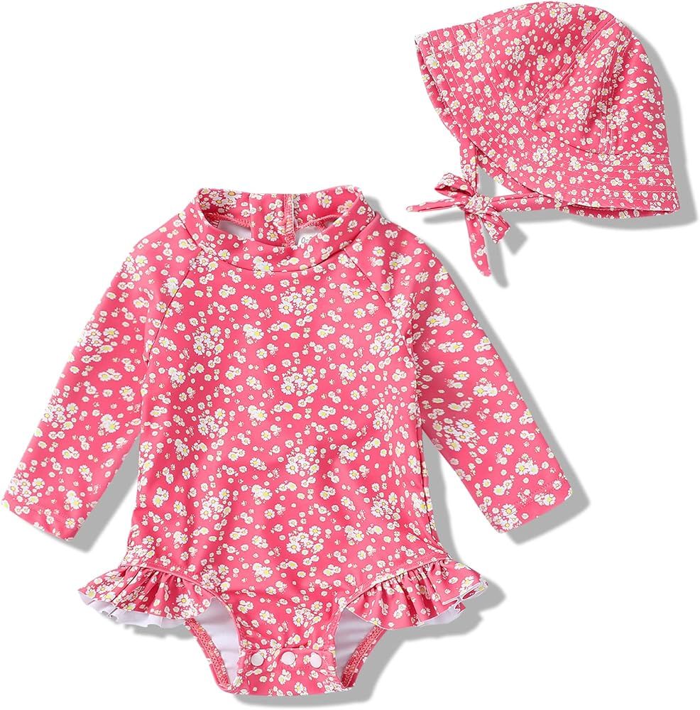 Infant Baby Girl Swimsuit One-Piece Long Sleeve Rash Guard with Hat Set Floral Zipper Bathing Sui... | Amazon (US)