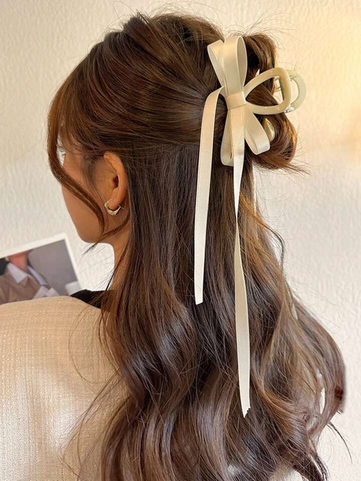 1pc Women's Solid Color Double Layer Bow Hair Claw Clip With Ribbon Streamers, Suitable For Daily... | SHEIN