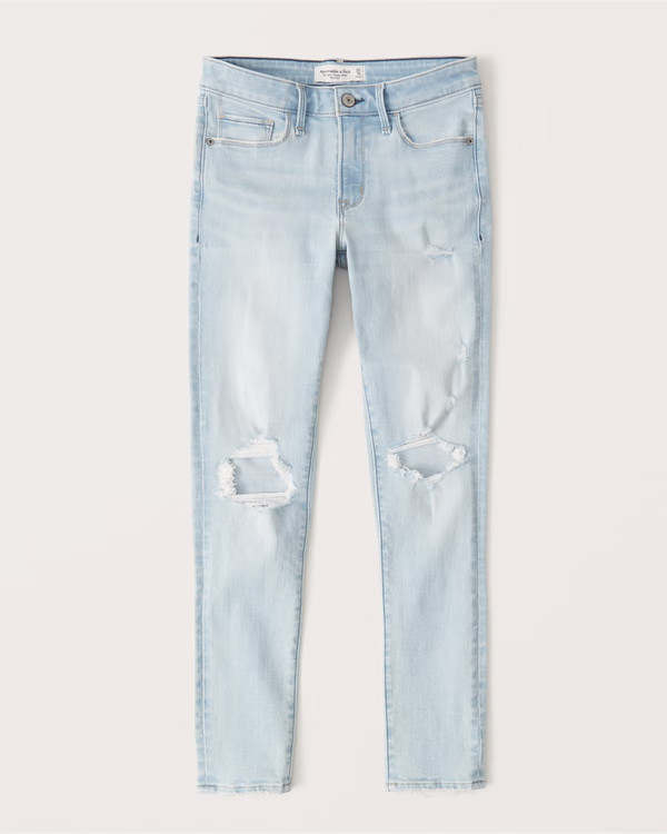 Ripped Mid Rise Super Skinny Ankle Jeans | Abercrombie & Fitch (US)