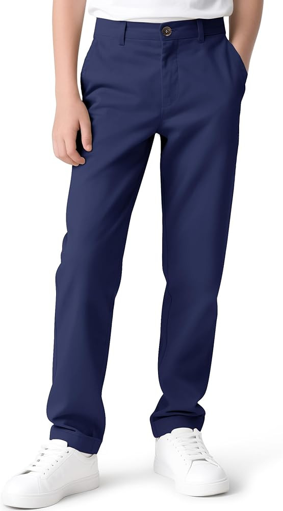 KEREDA Boys Flat Front Dress Pants School Uniform Pants Twill Elastic Waist with Zip Button | Amazon (US)